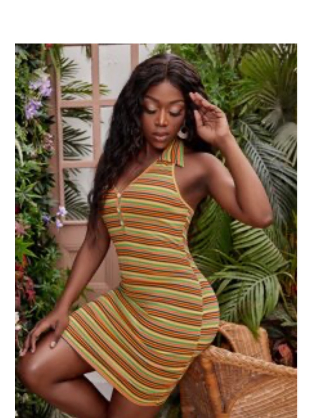 SHEIN Multicolor Striped Halter Mini Dress in Yellow & Green
